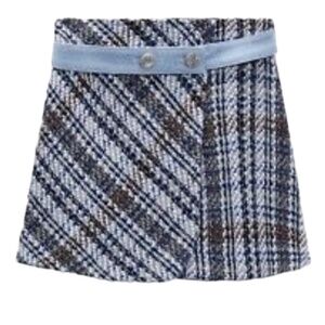 Zara Blue Tweed Mini Skirt With Contrast Denim NWT Size L